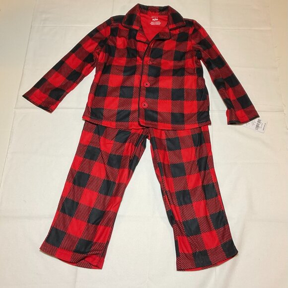 Carter's Boys Size 3T Holiday 2 Pc Black Red Buffalo Plaid Coat Style Pajama Set - Picture 1 of 5